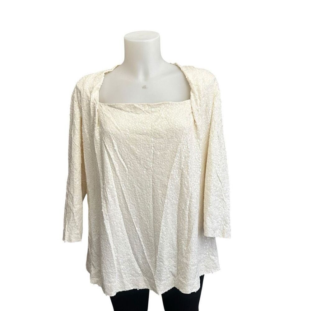 Lafayette 148‎ New York Ivory Square Neck 100% Silk Sparkly Sequin Top sz 1X NEW